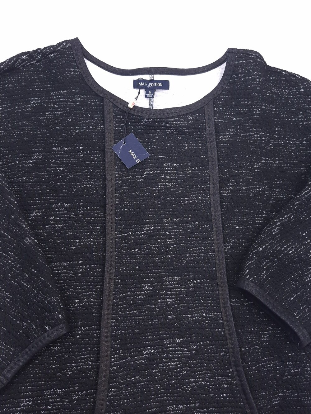 Max Edition Black Shift Dress Faux Leather Trim Pockets Long Sleeves Knit Medium - Picture 5 of 8